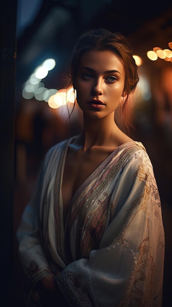 Une femme en sari blanc avec des cheveux longs.