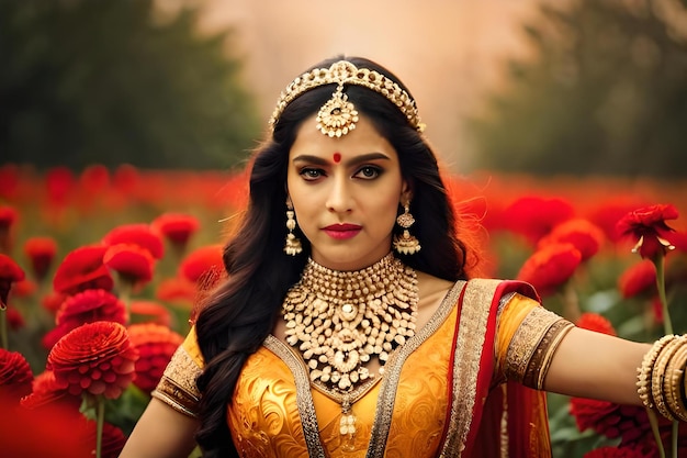 Une femme en sari doré pose dans un champ de fleurs.