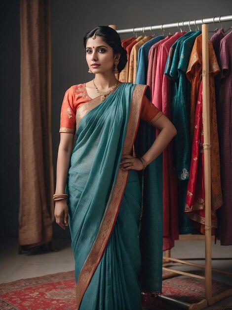 Une femme en sari est debout et mannequin avec un porte-vêtements derrière elle