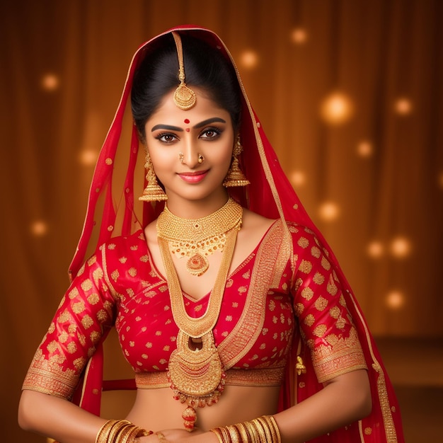 Une femme en sari rouge avec des bijoux en or et un sari rouge.