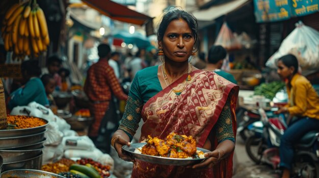 Photo une femme en sari rouge tient une assiette de nourriture.