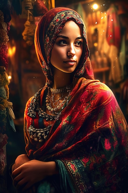 Une femme en sari avec un sari rouge sur la tête