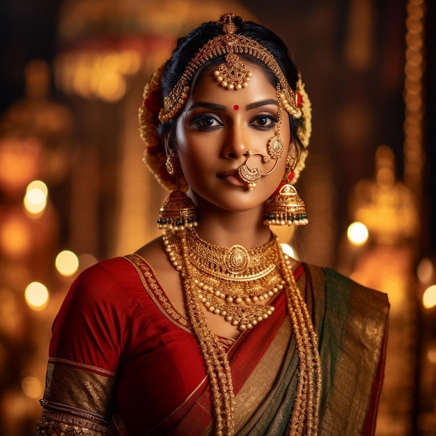 une femme en sari avec un sari rouge sur la tête.