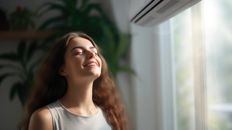 Une femme satisfaite, savourant la fraîcheur rafraîchissante du climatiseur de son appartement, se sentant soulagée de la chaleur générée par l'IA.