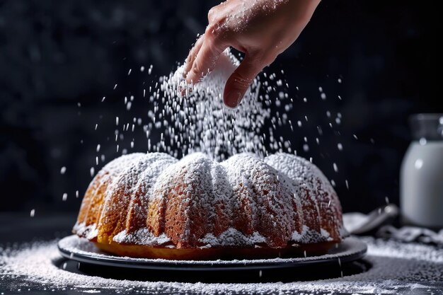 Une femme saupoudrant du sucre glacé sur un gâteau avec un espace de copie