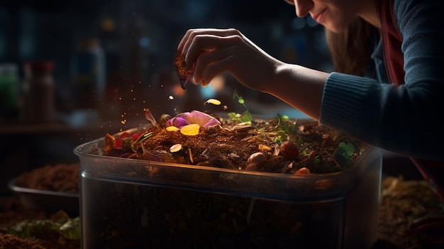 Une femme saupoudre de la nourriture dans une casserole.