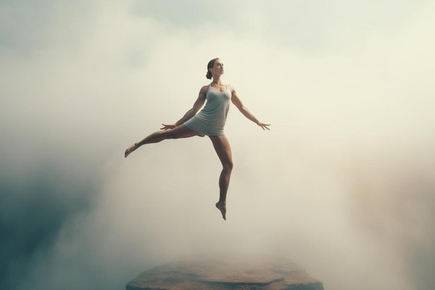 une femme sautant sur un rocher dans les nuages