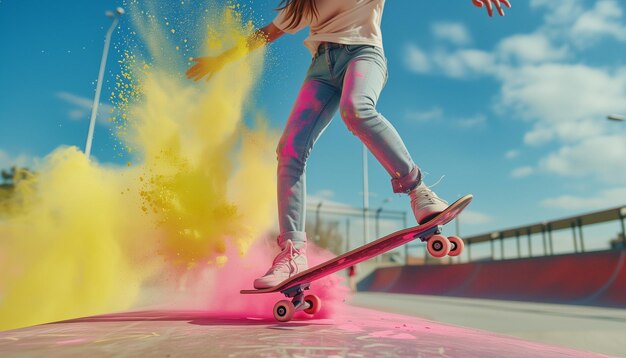 Une femme sautant sur un skateboard avec de la poussière colorée