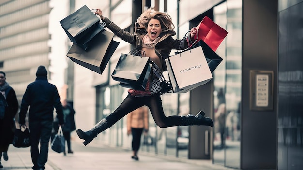 Photo une femme saute en l'air avec un sac à provisions et un sac à marchandises qui dit noël