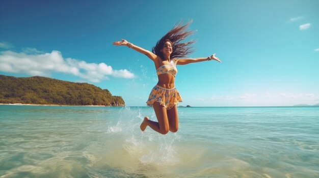 Une femme saute dans l'eau avec le soleil qui brille sur ses cheveux.