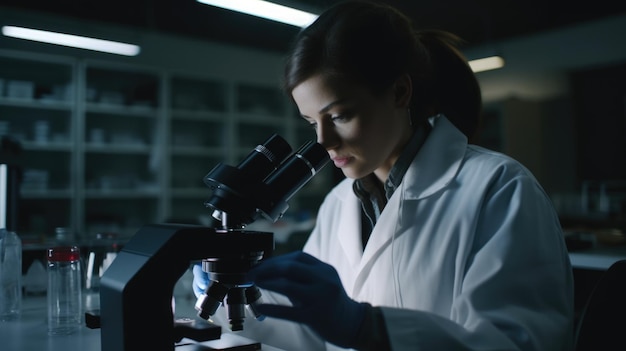 Une femme scientifique biomédicale avec une robe blanche travaillant en laboratoire avec détermination Generative AI AIG21