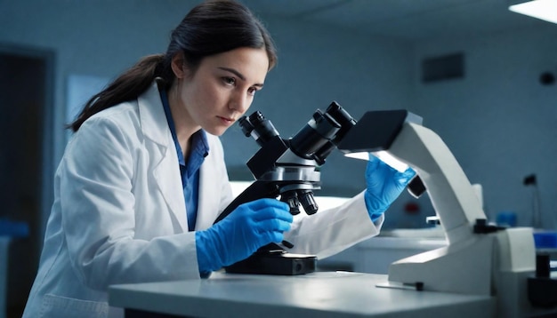 une femme scientifique regardant à travers un microscope avec une main à gants bleus