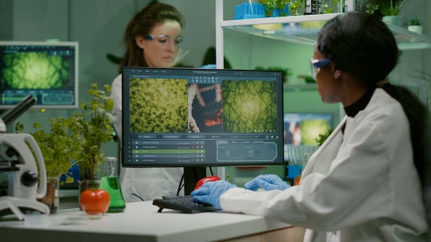 Photo femme scientifique tapant l'expertise en microbiologie sur ordinateur pour une expérience agricole scientifique