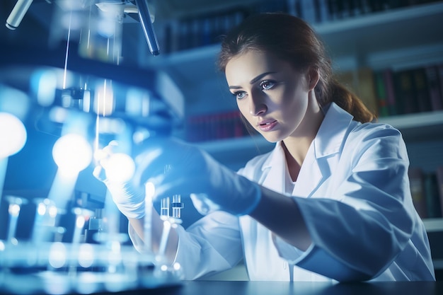 Une femme scientifique travaillant sur un tube de verre dans un laboratoire