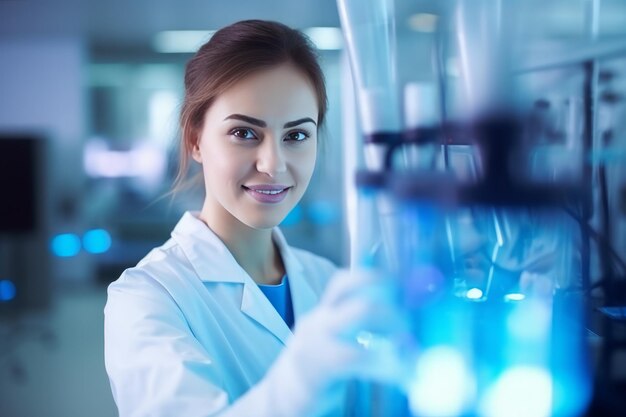Une femme scientifique travaillant sur un tube de verre dans un laboratoire