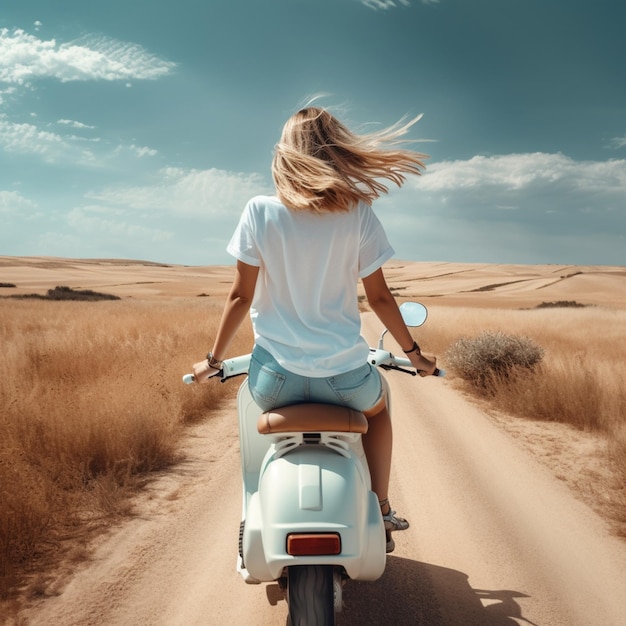 femme et le scooter portant un t-shirt blanc vierge