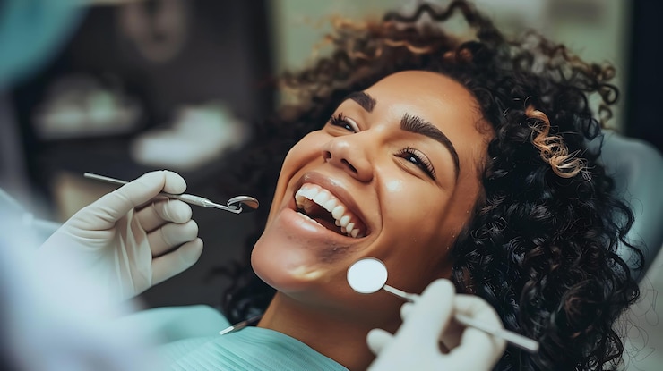 Photo une femme se brosse les dents avec une brosse à dents
