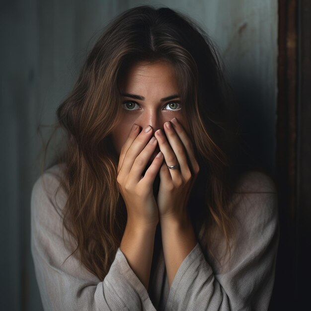 une femme se couvrant le visage avec ses mains.