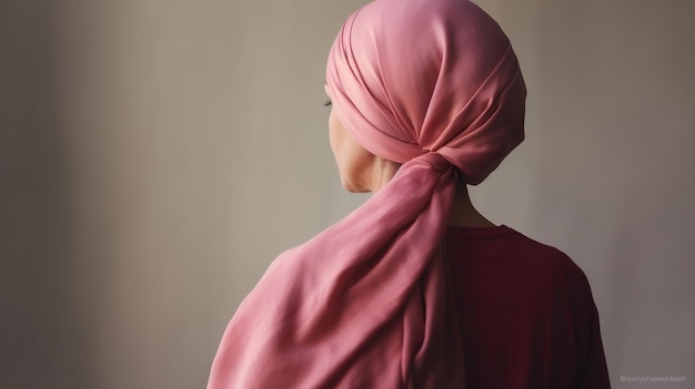 Une femme se couvre la tête avec un turban rose en l'honneur des femmes souffrant de cancer du sein