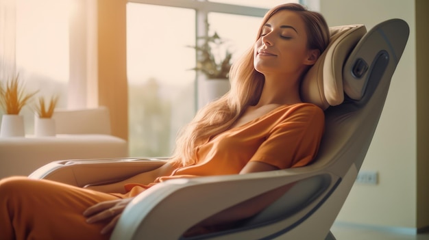 Une femme se détend sur une chaise de massage électrique dans le salon.