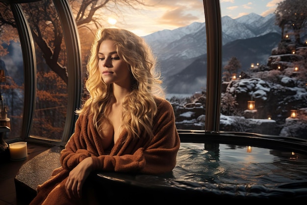 une femme se détend dans un bain à remous thermal chaud dans un hôtel spa en pleine nature avec vue sur les montagnes et la forêt en hiver