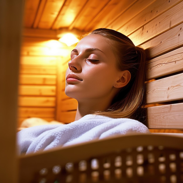 Une femme se détend dans un sauna avec un banc en bois derrière elle.