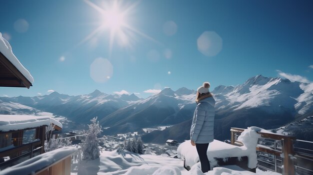 Photo une femme se détendant sur une belle vue de la forêt d'hiver un réseau neuronal généré par l'ia