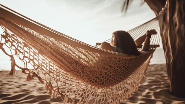 Une femme se détendant dans un hamac sur une plage