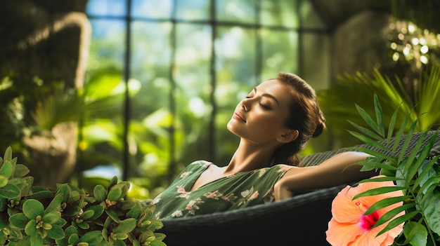 Photo femme se détendant dans une station thermale et une plante tropicale