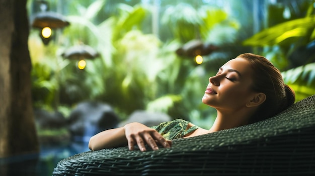 Photo femme se détendant dans une station tropicale plante verte et lumière de bougie floue