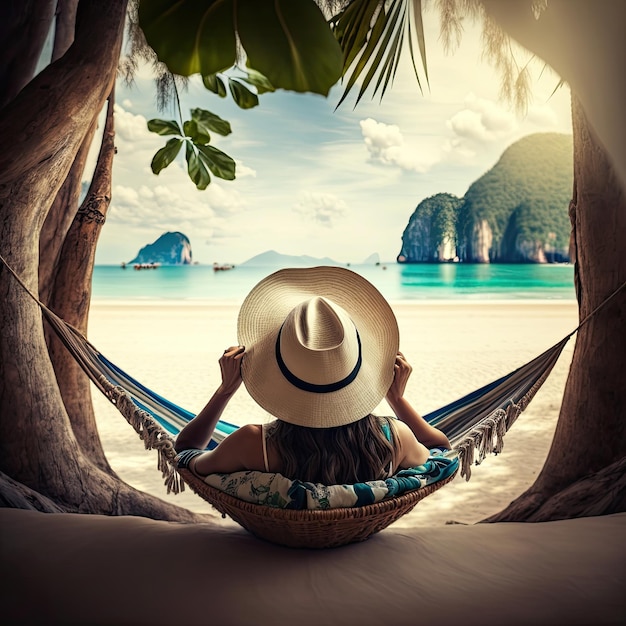 Femme se détendre dans un hamac sur la plage d'été Illustration AI Generative