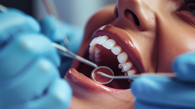 Une femme se fait examiner les dents par un dentiste.