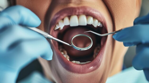 Une femme se fait examiner les dents par un dentiste