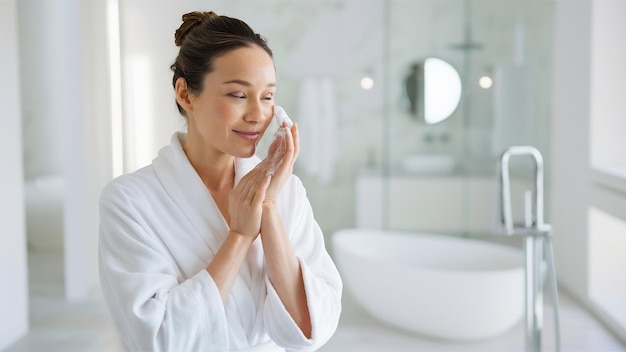 Une femme se lave le visage dans la salle de bain.