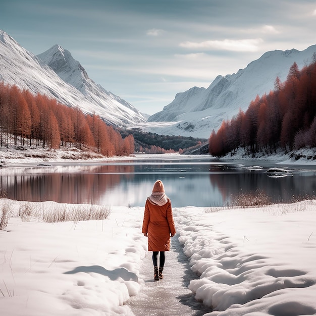 Photo une femme se promène autour d'un lac gelé avec de la neige autour d'elle