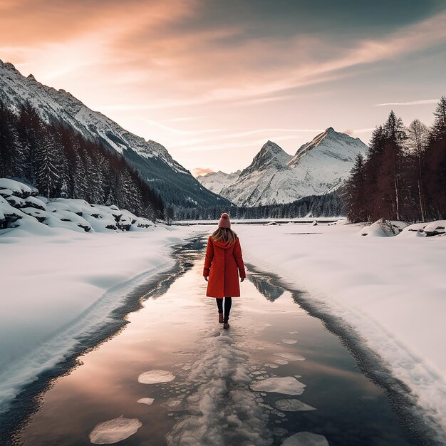 Photo une femme se promène autour d'un lac gelé avec de la neige autour d'elle