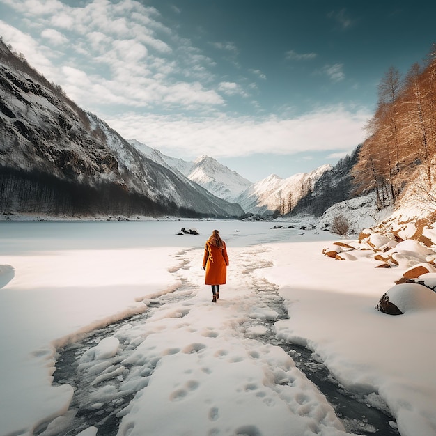 Photo une femme se promène autour d'un lac gelé avec de la neige autour d'elle