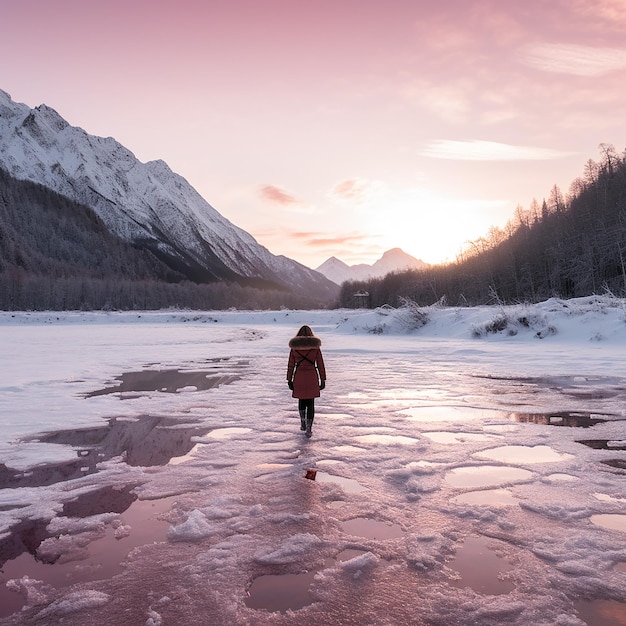 Une femme se promène autour d'un lac gelé avec de la neige autour d'elle
