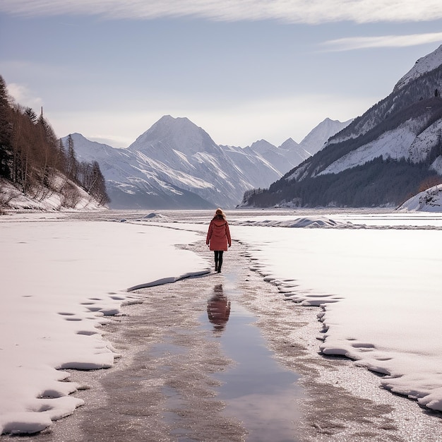 Une femme se promène autour d'un lac gelé avec de la neige autour d'elle