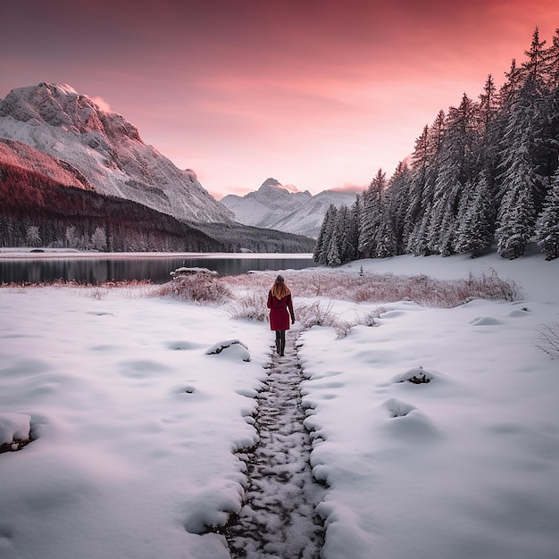 Une femme se promène autour d'un lac gelé avec de la neige autour d'elle