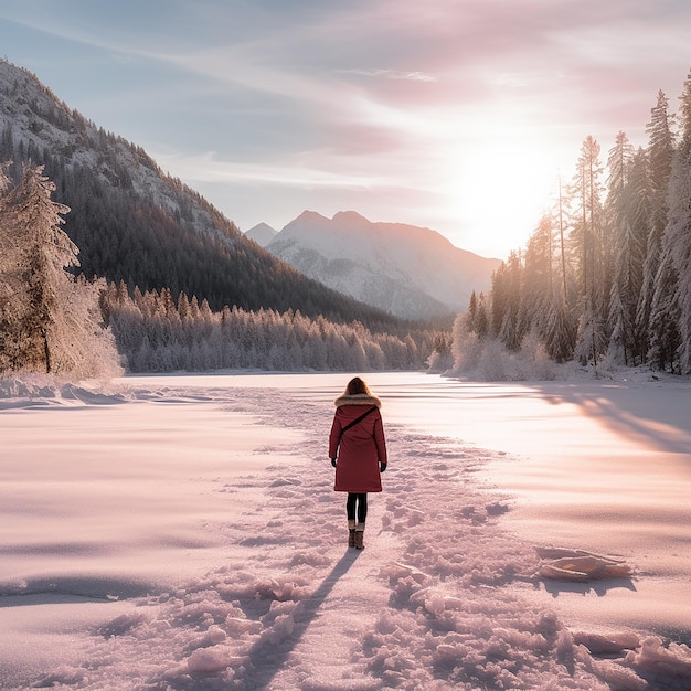 Une femme se promène autour d'un lac gelé avec de la neige autour d'elle