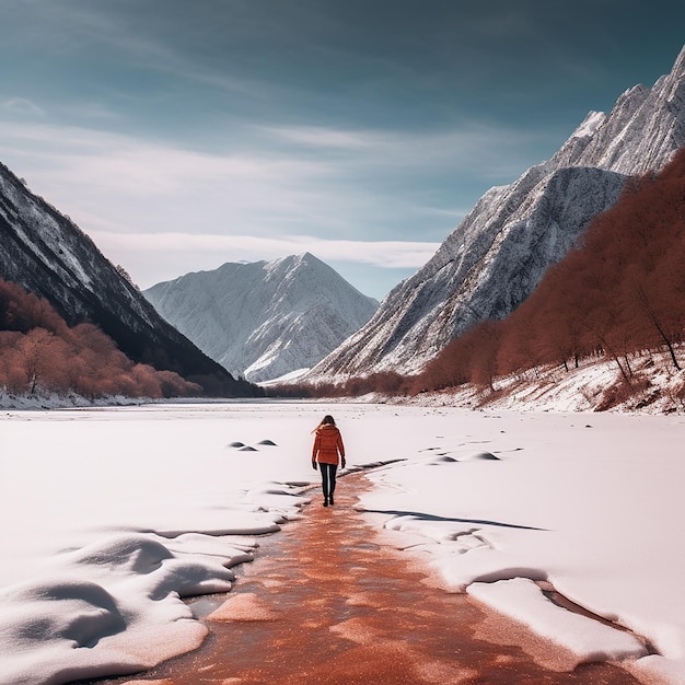 Une femme se promène autour d'un lac gelé avec de la neige autour d'elle