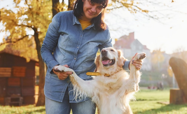 Une femme se promène avec un chien Golden Retriever dans le parc pendant la journée