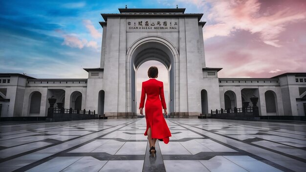Photo une femme se promène dans l'arc de la salle commémorative de chiang kai-shek à taipei, taïwan