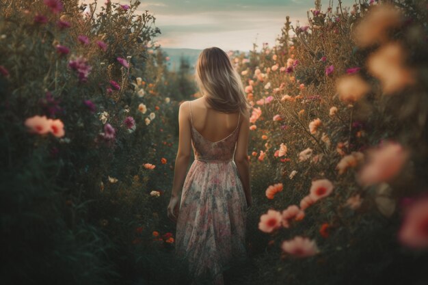 Une femme se promène dans un champ de fleurs