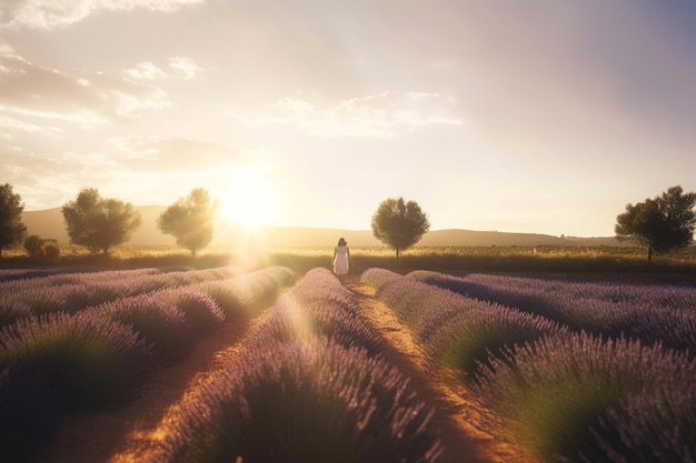 Photo une femme se promène dans un champ de lavande au coucher du soleil.