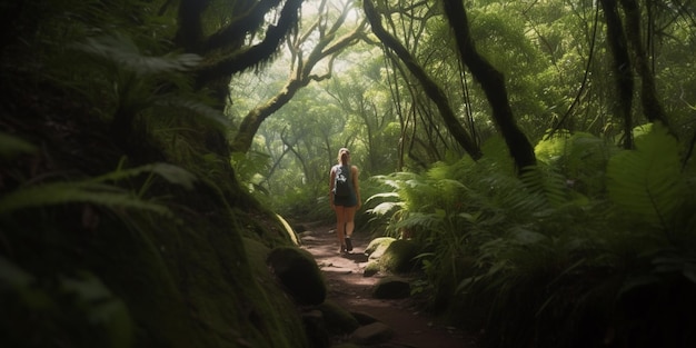 Une femme se promène dans une forêt avec un sac à dos sur le dos.