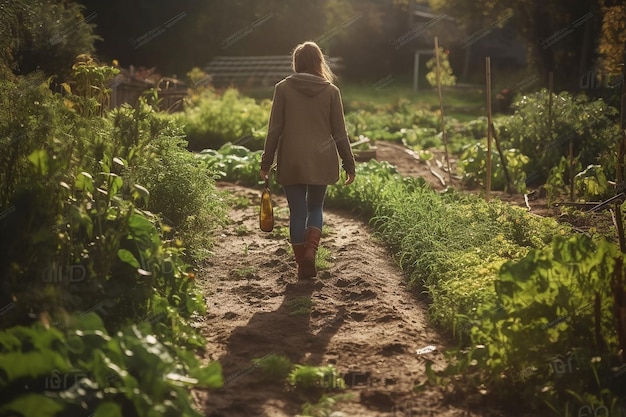 Une femme se promène dans un jardin avec un arrosoir en arrière-plan.