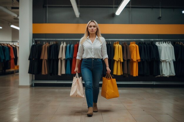 une femme se promène dans un magasin avec un étagère de vêtements qui dit citation le mot citation