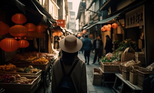 Une femme se promène dans un marché avec un chapeau.